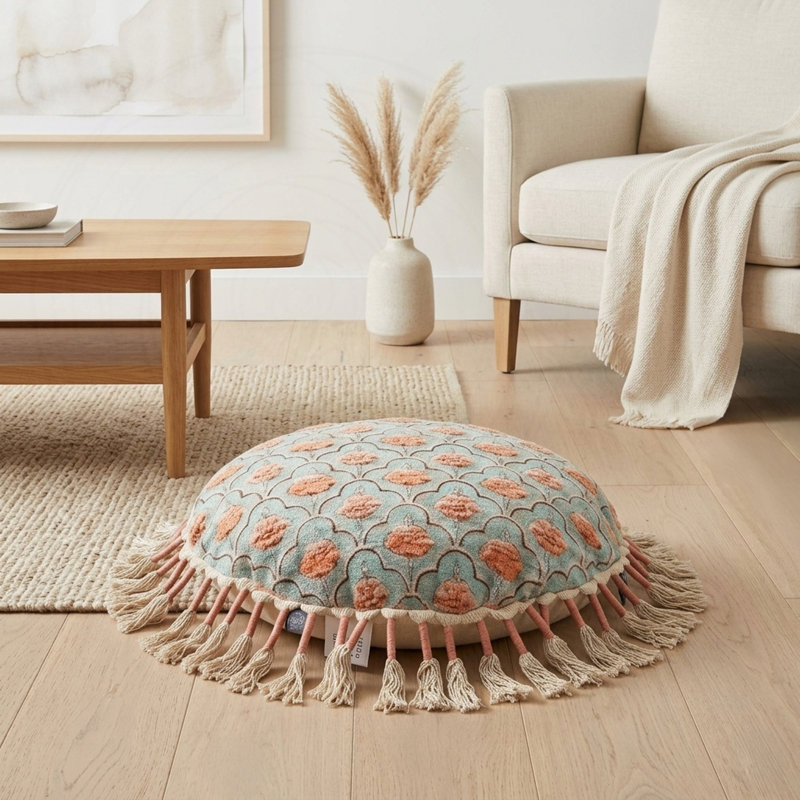 Coussin de sol imprimé avec pampilles et motif floral