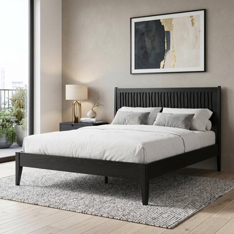 Structure de lit plateforme très grand, lit en bois massif avec tête et pied de lit, 12 lattes robustes avec pieds en métal centraux, aucun sommier tapissier requis, silencieux et antidérapant, assemblage facile, finition chêne ébène