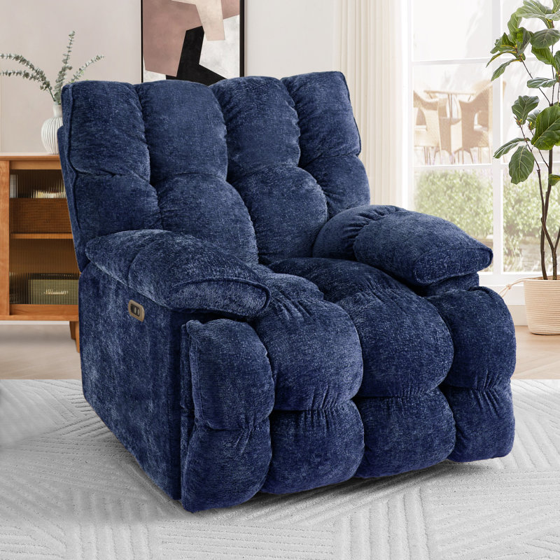 Oversized Soft  Chenille Swivel Rocker Recliner Chair For Living Room, Blue, Power
