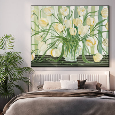 Très grand tulipe, reproduction d'art murale - fleurs blanches et jaunes dans un vase, décoration botanique moderne pour le salon ou la chambre à coucher, assemblage requis