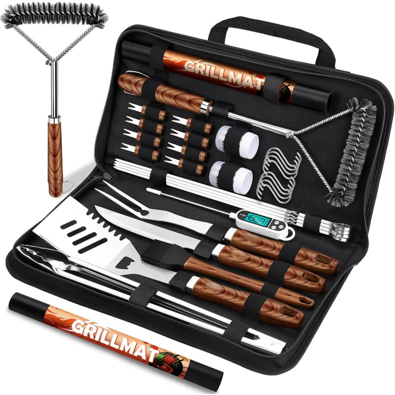 Ensemble d'accessoires de barbecue 31 pièces pour papa pour hommes, outils de barbecue robustes pour Noël, ensemble d'ustensiles de barbecue en acier inoxydable avec tapis, brosse de barbecue dans un sac de transport