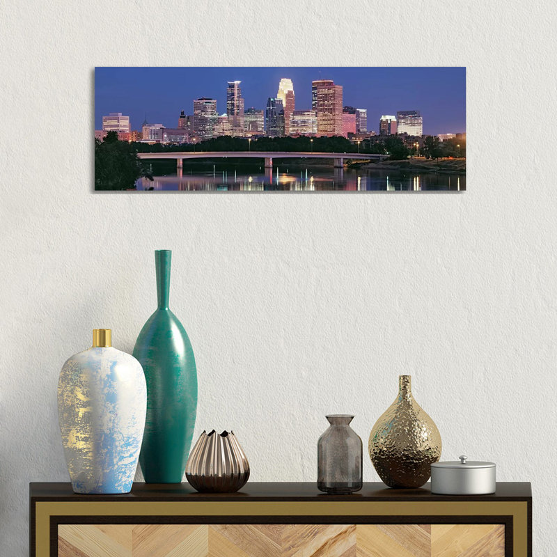 Buildings Lit Up At Night In A City, Minneapolis, Mississippi River, Hennepin County - Wrapped Canvas Panoramic Print
