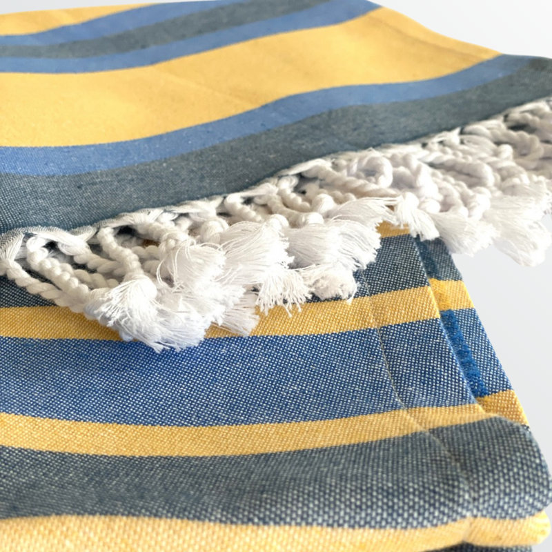 Jeté en 100% coton, Bleu / jaune rayé, L 38,8 po x l 70,77 po