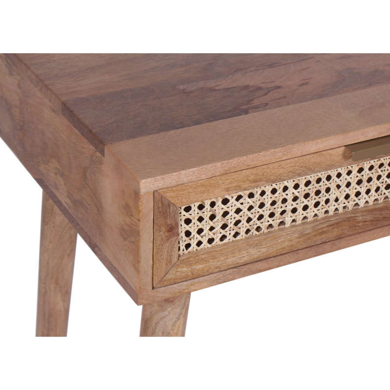 Natural Acacia Wood Desk with Cane Drawers and Built-in Power Outlet
