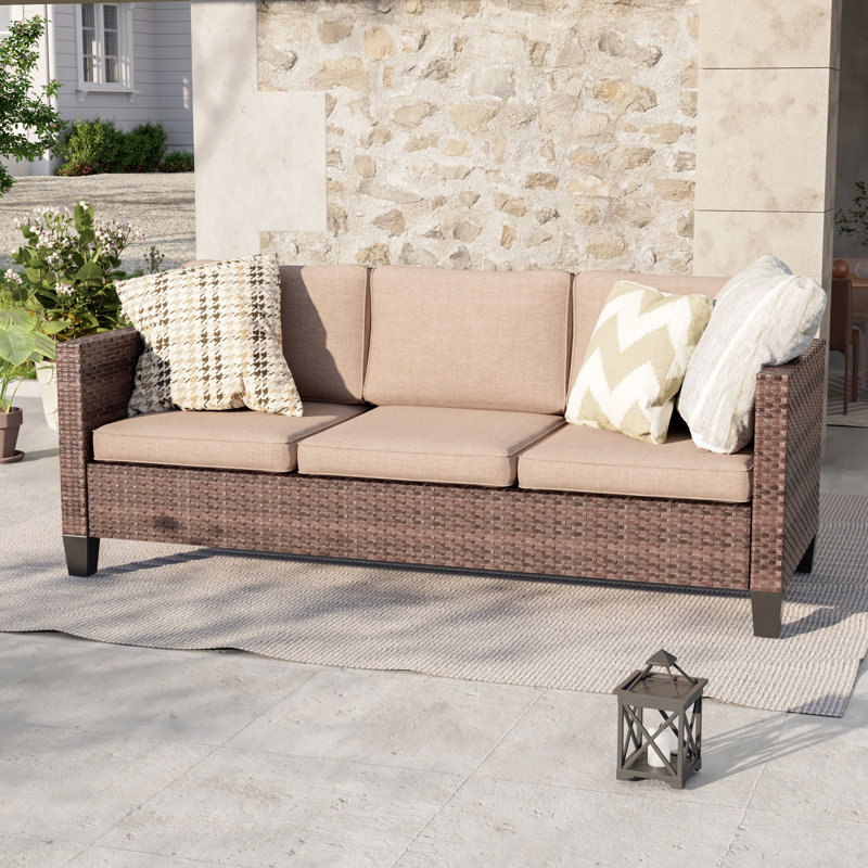 3 Seater Patio Sofa Wicker Outdoor Patio Sofa & All-Weather Rattan, Sand, Brown