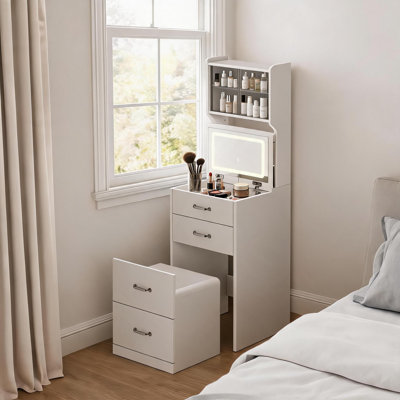 3-in-1 Space-Saving Vanity Desk with Turnover Top Mirror, 3-Color LED Light, Hidden Chair, Jewelry Storage, Drawers & Cabinet, USB/AC Outlets, Bedroom Makeup Table - White