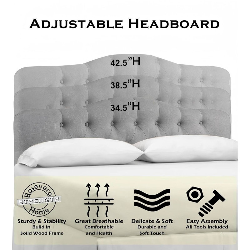 Linen Upholstered Headboard-Modern-Adjustable Height-Button Tufting, Gray, Full