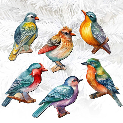 Ensemble de 6 ornements décoratifs à pince en bois oiseaux de forêt par G. Debrekht