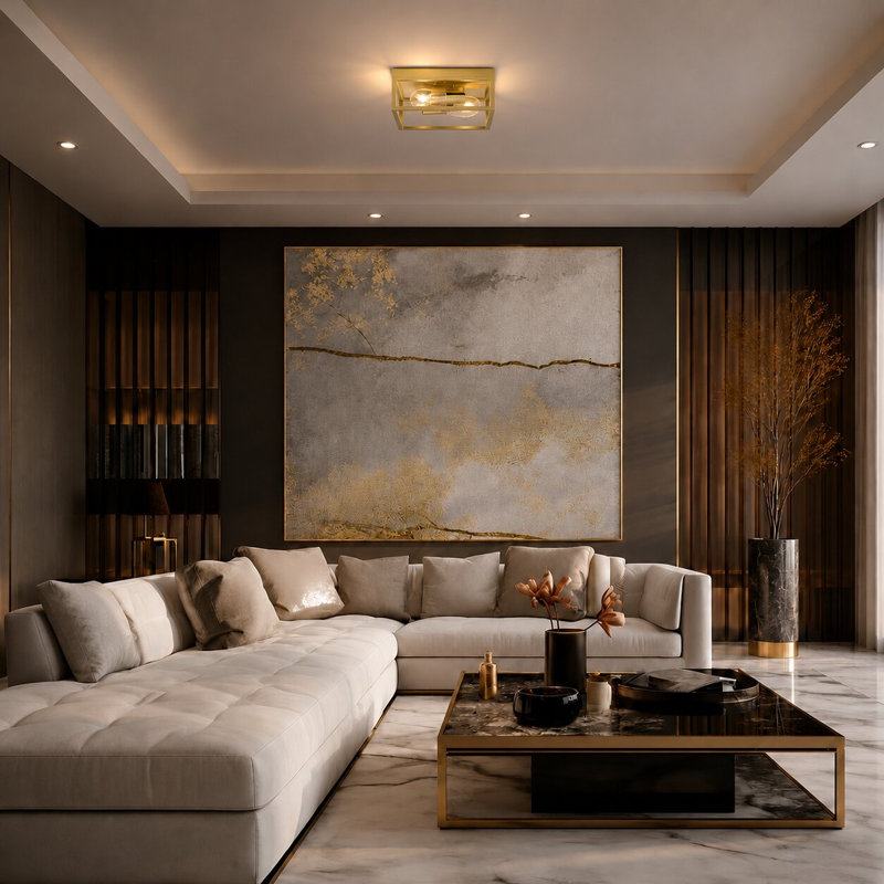 Transitional 2 Light Gold Square Flush Mount, Gold