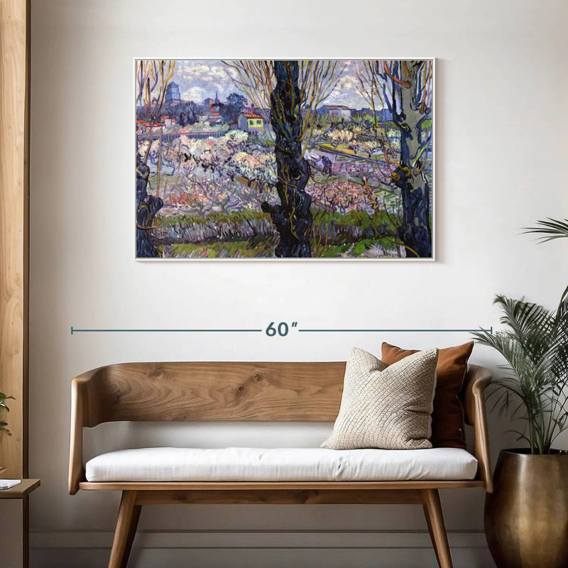 Vue des vergers en fleurs d'Arles, 25 po x 17 po, Cadre flottant blanc