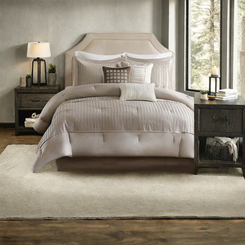 Ensemble de literie luxueuse en charmeuse de polyester taupe 7 pièces pour un style moderne