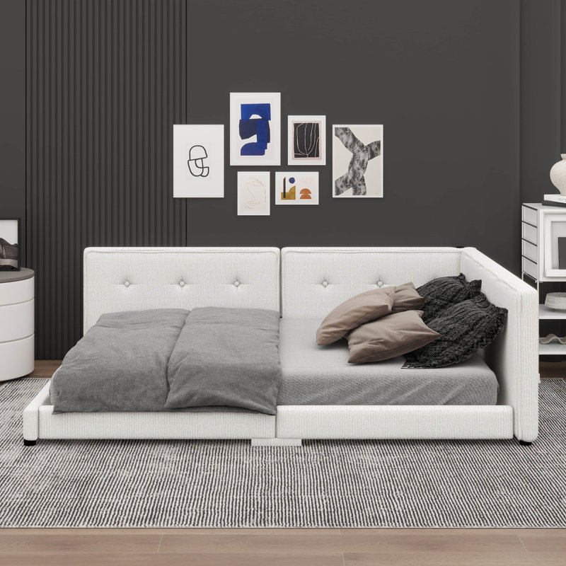 Lit plateforme tapissier avec ports USB intégrés, Beige, Grand lit