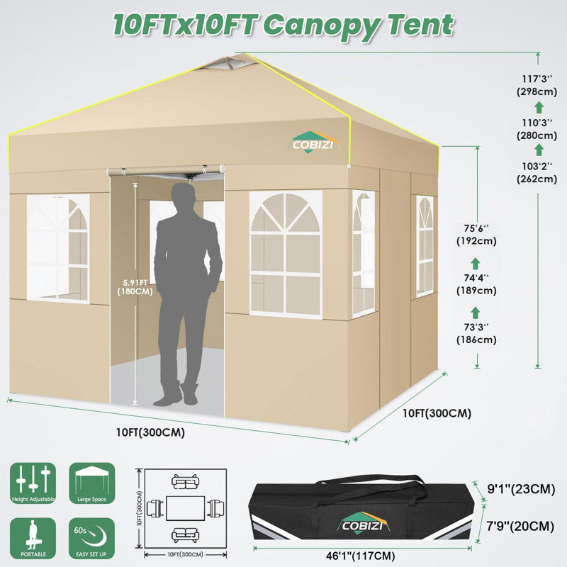 10x10 Pop Up Canopy Tent, One Push Setup Glow Outdoor Tent, Khaki
