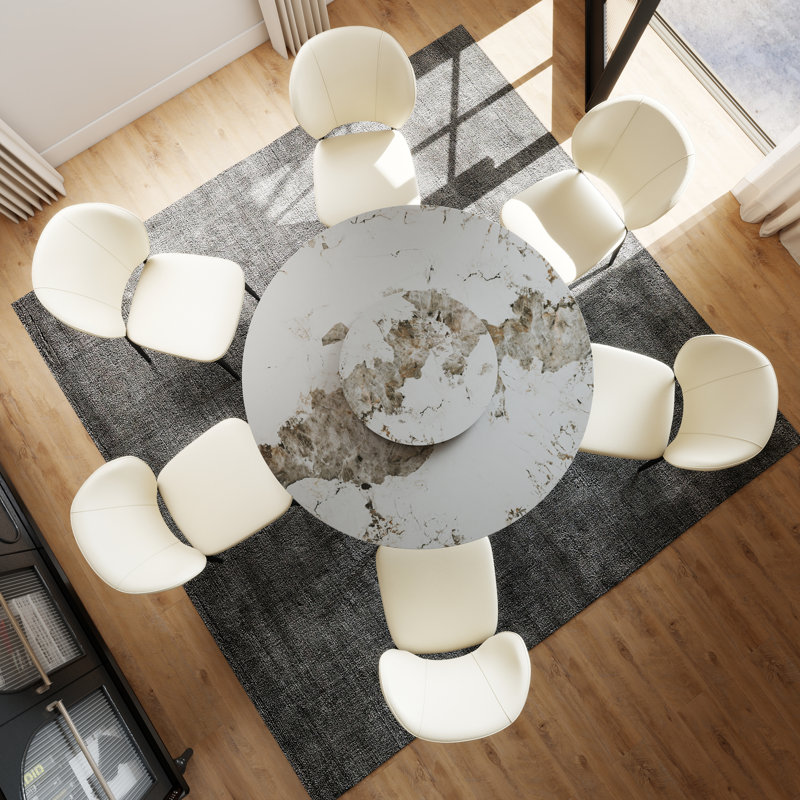 Table de salle à manger ronde en pierre frittée avec plateau tournant, H 29,53 po x L 53,15 po x l 53,15 po, Pandora