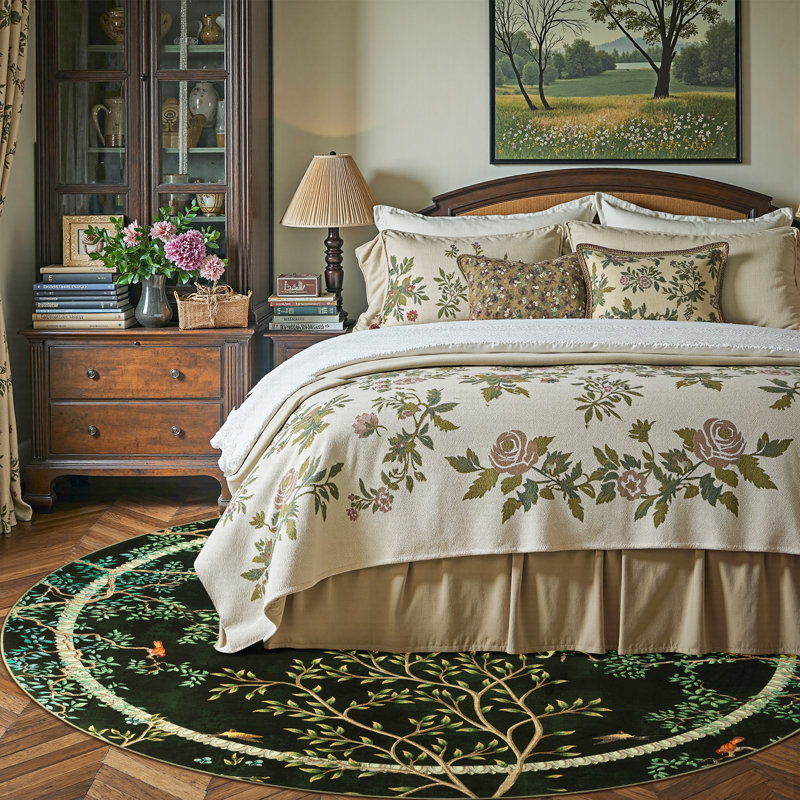 Floral Rug Botanical Birds Print Nature Plants Washable Non-slip, Round 6', Moss Green