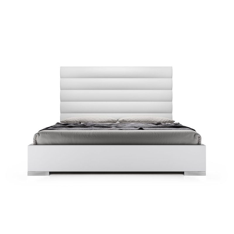 Prince Upholstered Platform Bed, White  Eco Leather, Queen