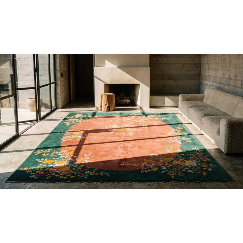 Tapis rectangulaire corail en laine noué à la main Art déco des années 1920