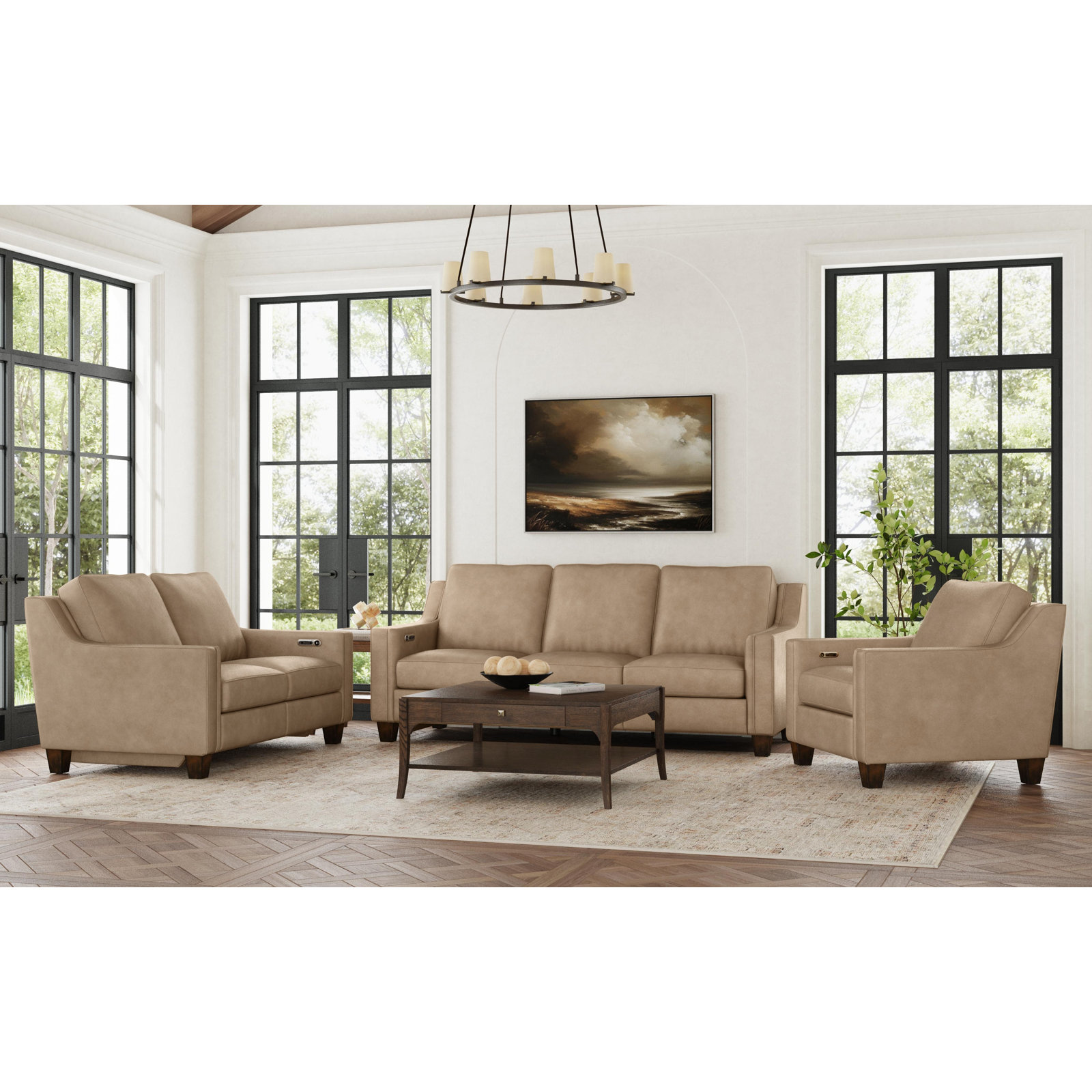 Finnegan 3-Piece Leather Reclining Living Room Set, Beige