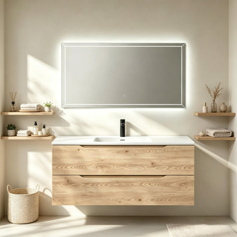 Meuble-lavabo suspendu double vasque de 122 cm (48 po), Evita Oak, rangement dissimulé, style contemporain, blanc., 48" W