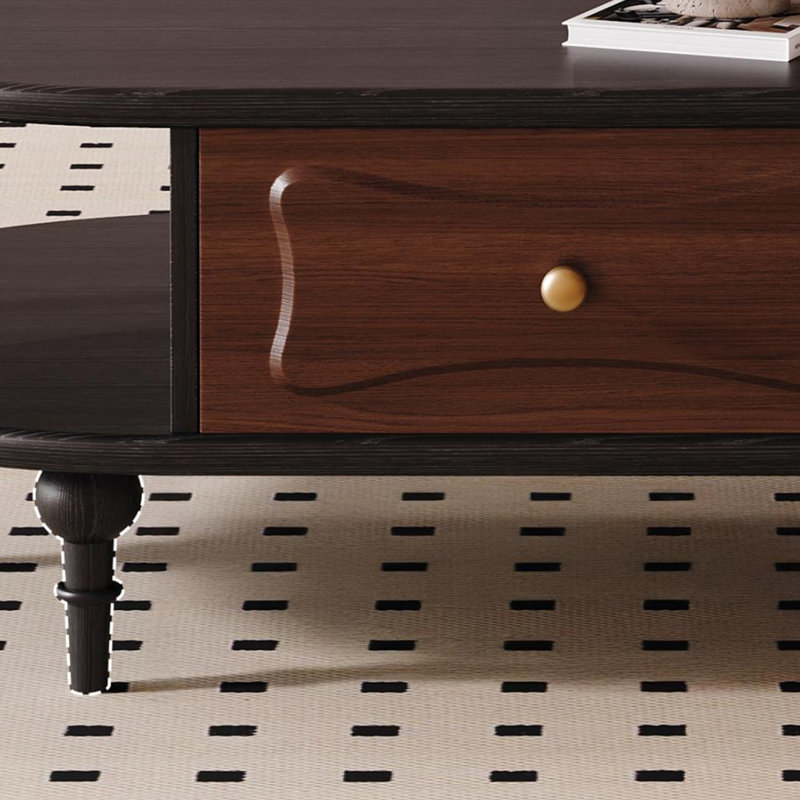 Table basse en chêne massif avec tiroirs et tablette ouverte