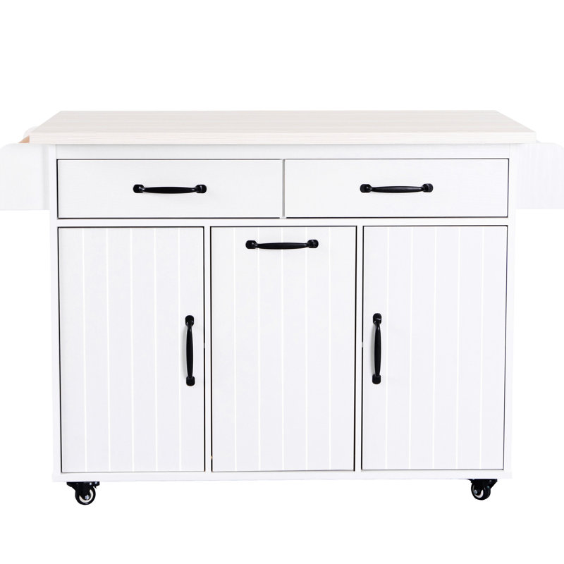 Style Kitchen Island With Trash Can Holder, Foldable Drop Leaf, Adjustable Shelves, White Modern Drawer, Tilt-Out Garbage Container -