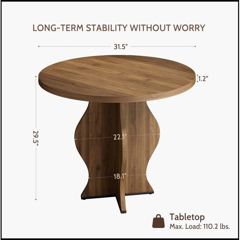 31.5 Inch Small Round Dining Table For 2, Walnut Farmhouse Round Kitchen Table, Wave Pedestal Base, Space-Saving Circle Dining Table For Apartment, Breakfast Nook, Dining Room