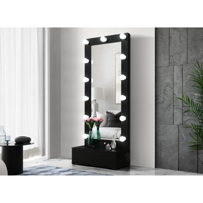 Grand miroir noir avec haut-parleurs intégrés et un tiroir, éclairage DEL ajouté, bois massif + rembourrage, cadre en bois d'hévéa, configuration de la chambre à coucher, ampoules encastrées A à côté étroit, surface en verre, assemblage,