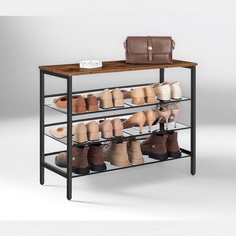 15 Pair Shoe Rack 4 Tier Industrial Rustic Brown Shoe Storage Entryway Hallway Furniture