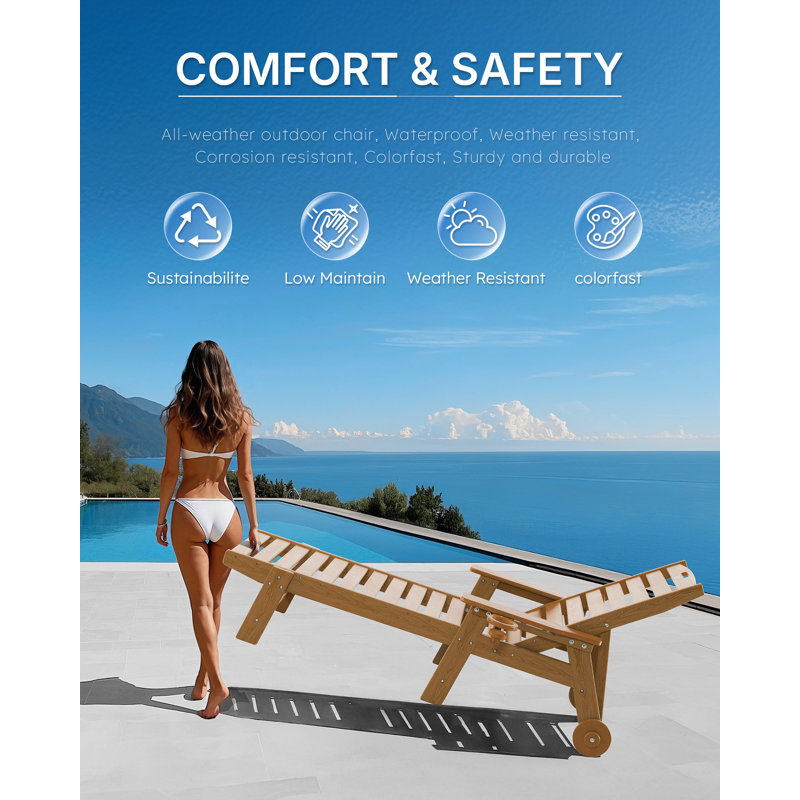Chaise Lounge Chair Outdoor with Wheels, Oversize Patio Lounge Chairs with Wood Texture, 6-Position Plastic Lounge Chairs for Poolside, Patio, Deck, Beach