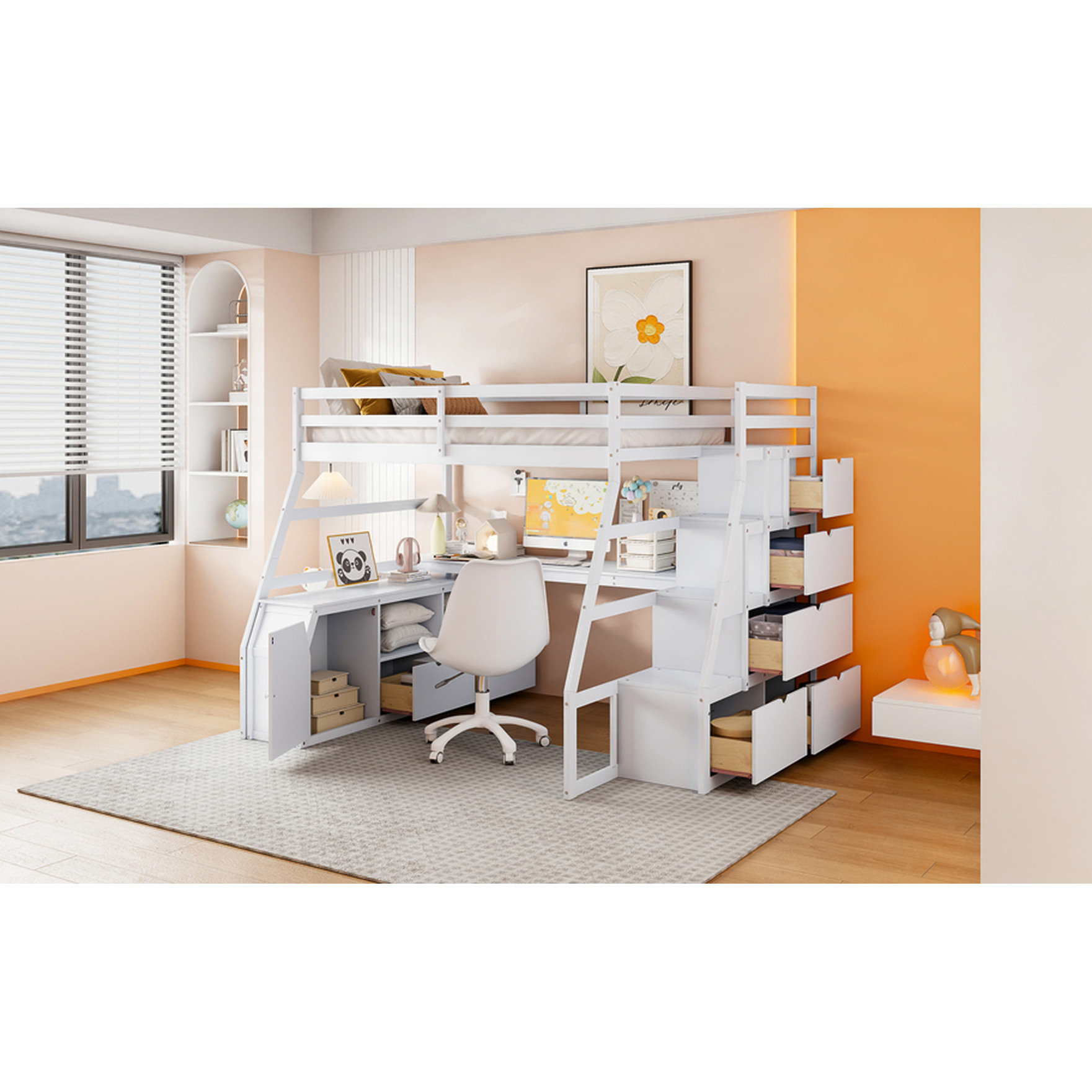 Harriet Bee White Full Size Loft Bed With 7 Drawers, 2 Shelves And Desk ...