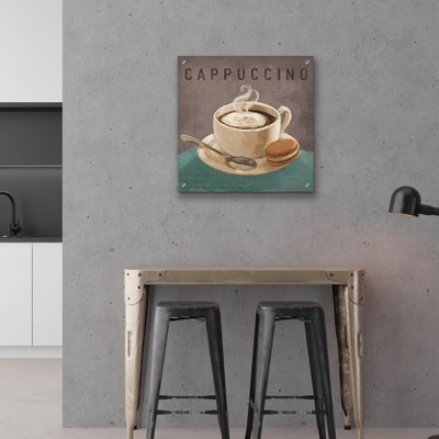 Art mural en verre acrylique 12 po x 12 po «Coffee And Co 1 Teal and Gray» par Janelle Penner