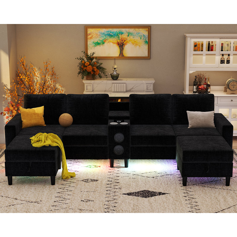 6 Seat U Shaped Chenille Sectional Sofa With Smart Module-Bluetooth Speaker/Rgb Light/Charging Station, Black