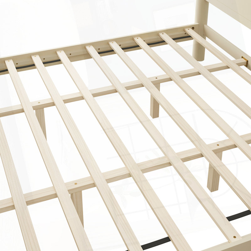 Structure de lit en bois massif sans ressorts, Très grand lit, Beige + naturel