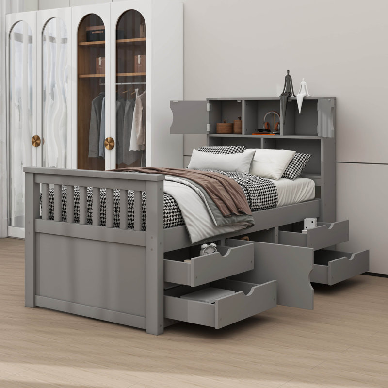 Lit plateforme simple capitaine avec bibliothèques de rangement intégrées et tablettes intégrées, gris