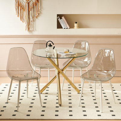 Ensemble de salle à manger 1 + 4,5 pièces, table de salle à manger à pieds en métal Mid-Century pour 4-6 personnes avec plateau en verre, table de salle à manger à piédestal, table basse de loisirs (ensemble de salle à manger)