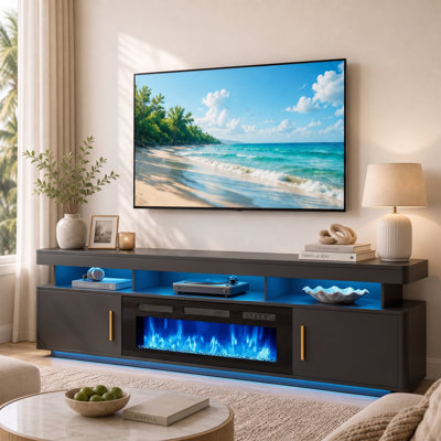 70" TV Stand with Electric Fireplace for TVs up to 75'', LED Lights, Storage Cabinets & Shelves