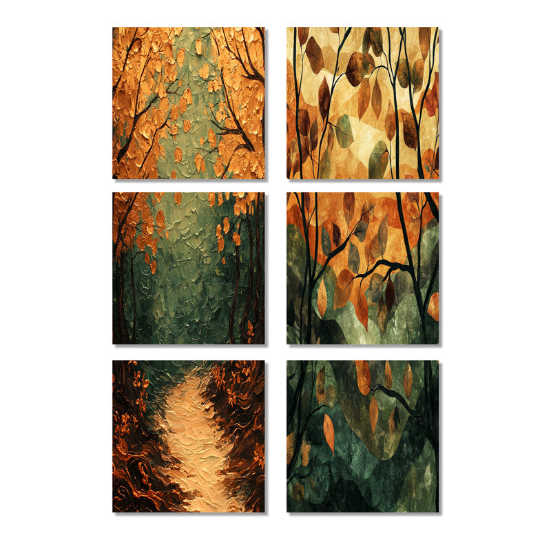 Feuilles de forêt brune tranquillité - ensemble d'art mural floral de 6, Toile tendue, Ne s’applique pas