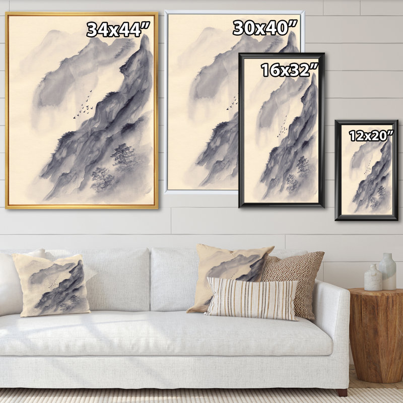 Montagnes asiatiques grises avec oiseaux - Peinture sur toile, H 32 po x l 16 po, Toile avec cadre en érable