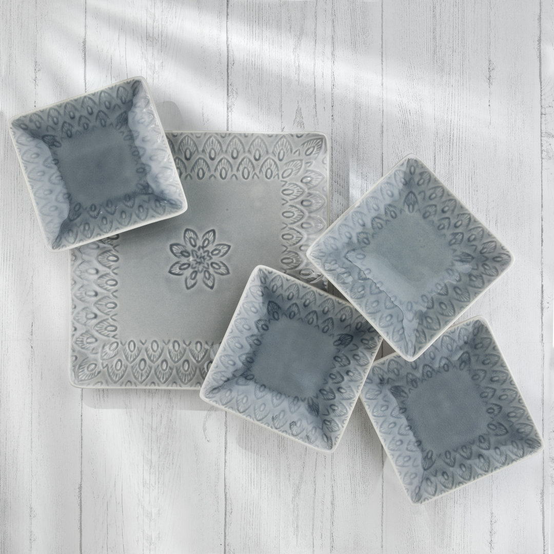 Peacock 5-Piece Stoneware Square Serving Platter and Appetizers Plates Set Euro Ceramica