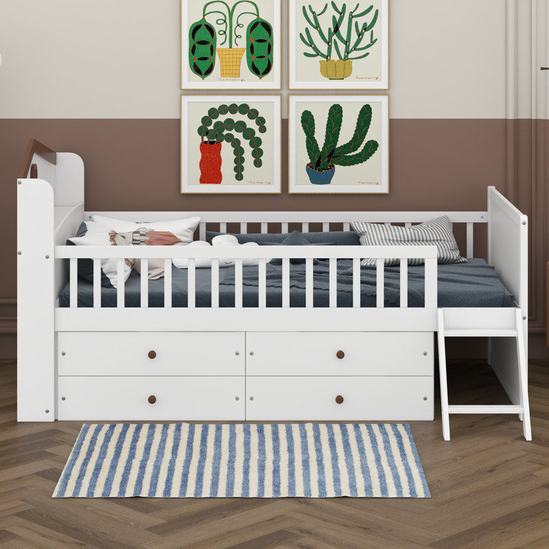 Twin Size Montessori Floor Bed, Kids Platform Bed With Guardrail Headboard And Ladder, Wooden Bed Frame With 4 Drawers, White