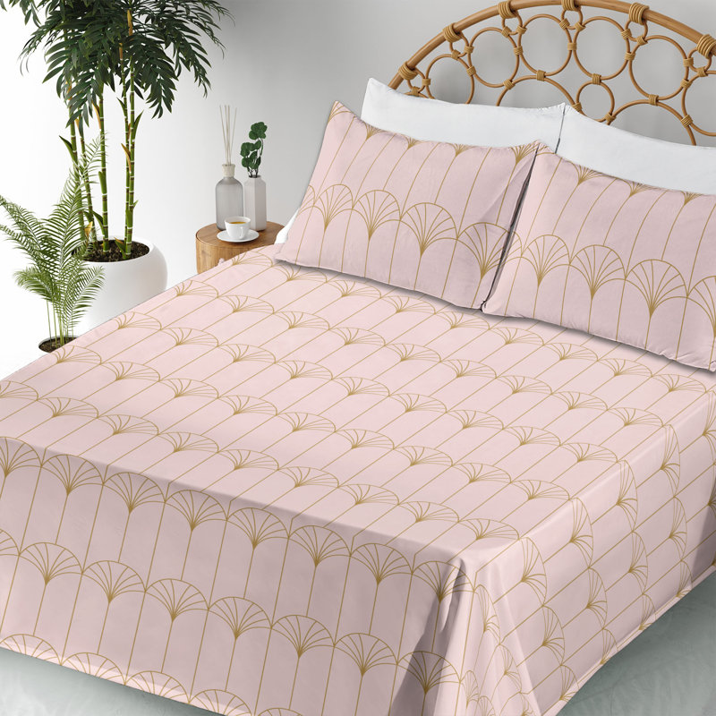 Microfiber Sheet Set, Full Sheet Set with 2 Pillowcases, Light Blush/Sand Brown Geometric