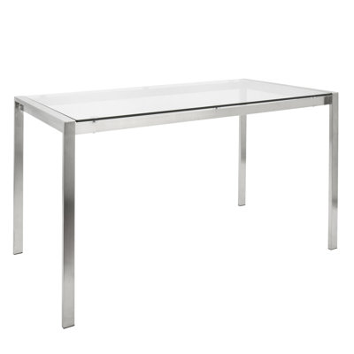 Table de salle à manger contemporaine en acier inoxydable avec plateau en verre transparent Fuji