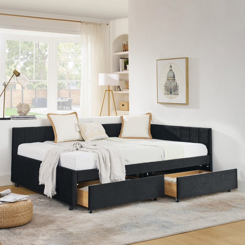 Structure de lit tapissier avec deux tiroirs, structure de canapé-lit avec dossier et accoudoirs confortables, velours, Noir