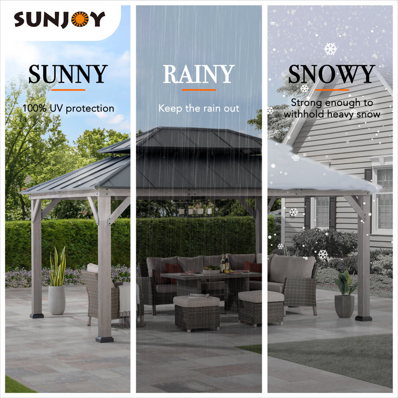 Sunjoy 12 ft. x 16 ft. Cedar Framed Gazebo with Steel Hardtop, Grey Cedar Wood, Matte Black