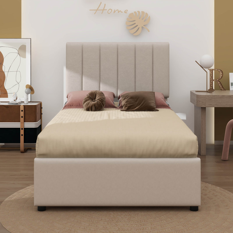 Lit simple latéral avec rangement relevable et structure revêtue de lin hydraulique, Beige