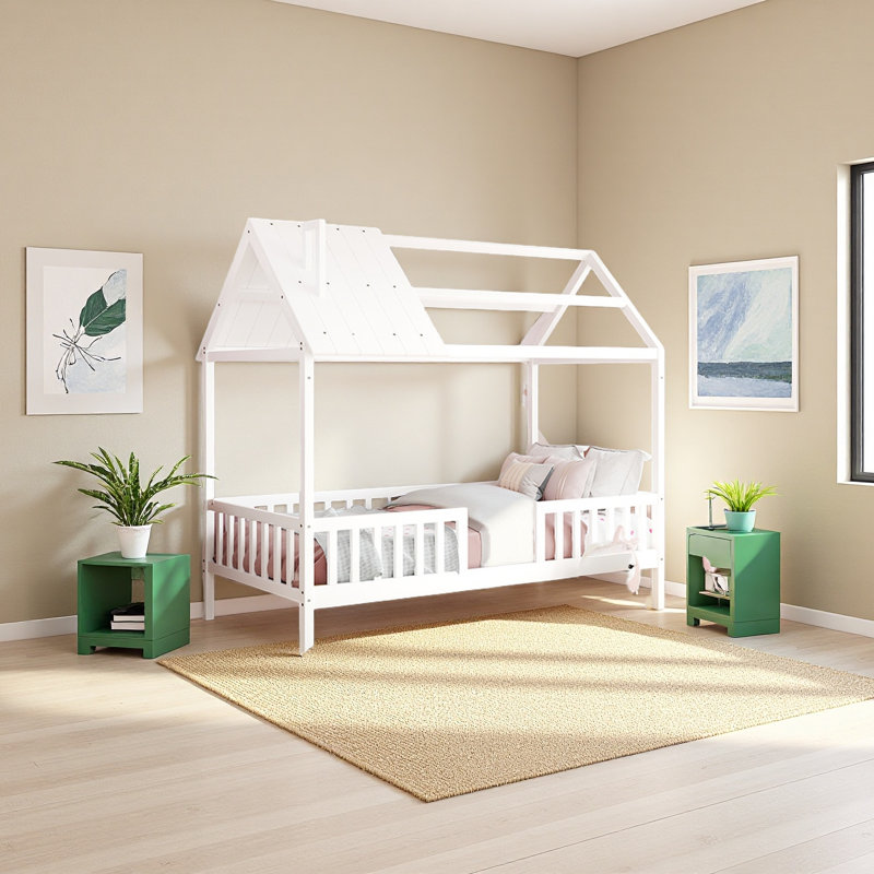 Lit simple en bois avec clôture, Blanc