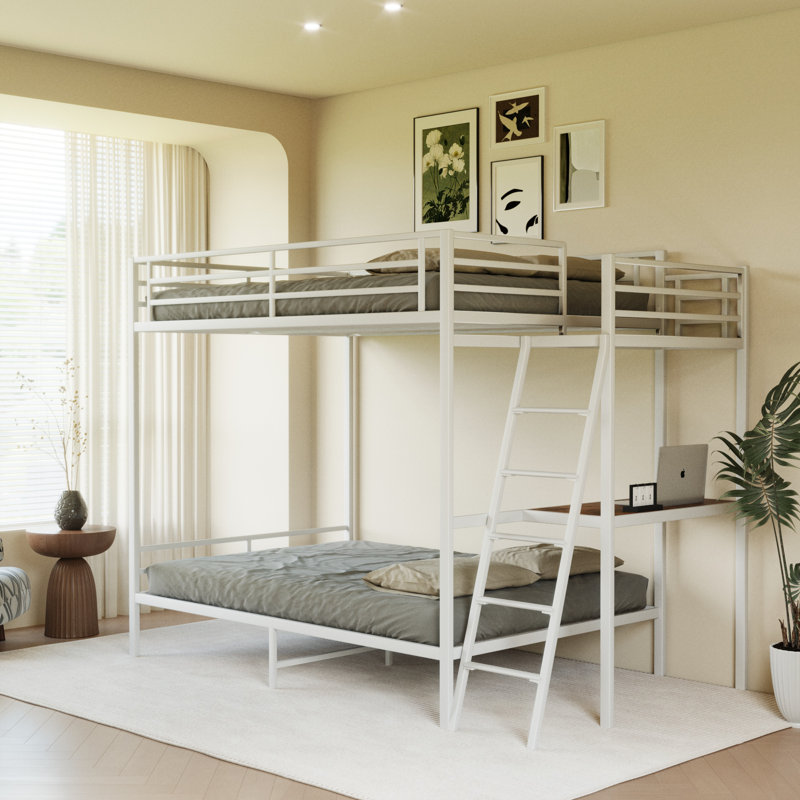 Lit superposé moderne en métal avec bureau, prise de charge, rangement et éclairage DEL Modern, Blanc