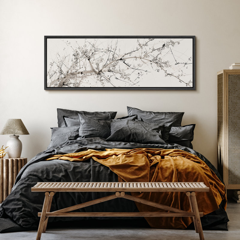 Chinoiserie Minimalist Ink Branches Antique Retro Decor Extra Large Artwork Print Wall Art Bedroom, 20" H x 60" W, Black