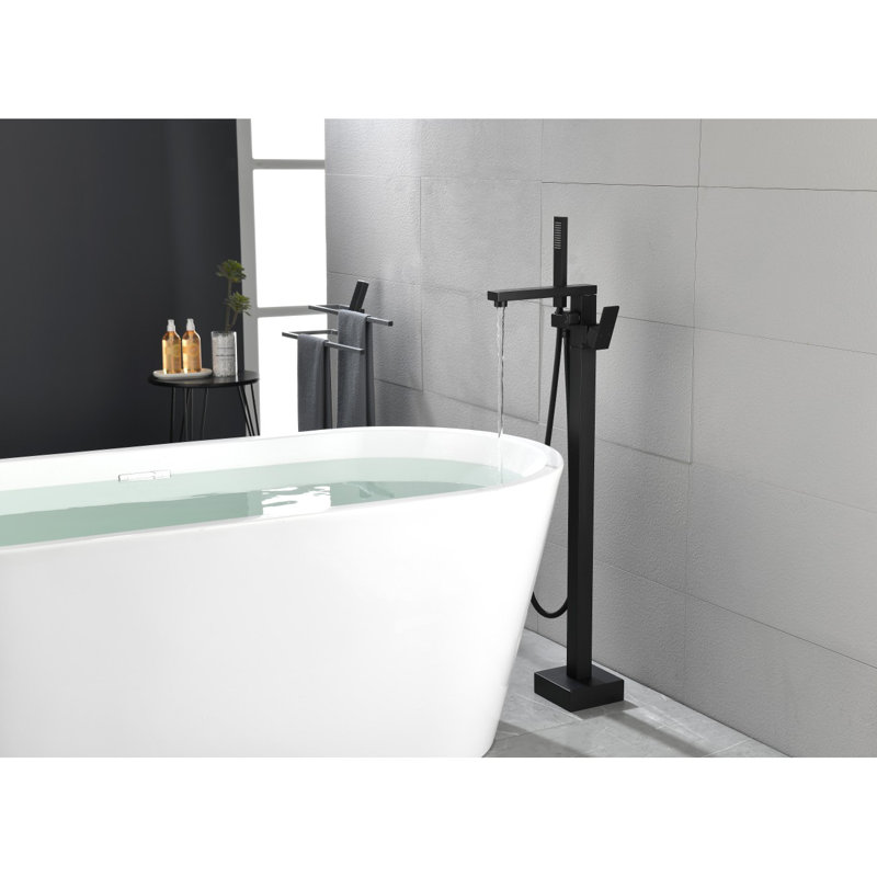 Robinet de baignoire autoportant à fixation au sol à haut débit avec pomme de douche à main et bec pivotant