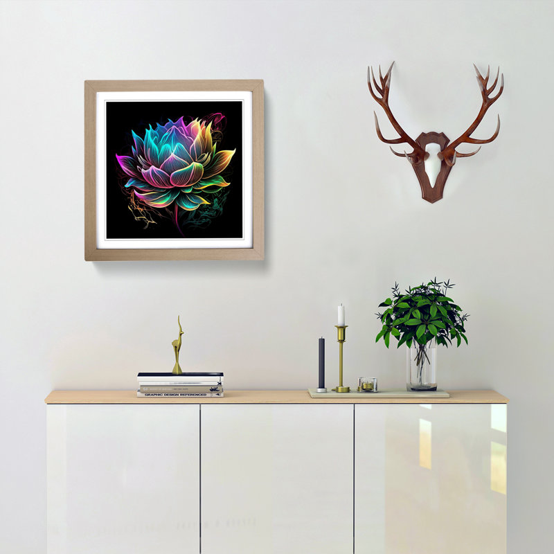Lotus Flower Neon Art - Framed Print, Oak